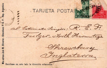 Load image into Gallery viewer, Vintage postcard with stamps and cursive writing, addressed to a recipient in England.
