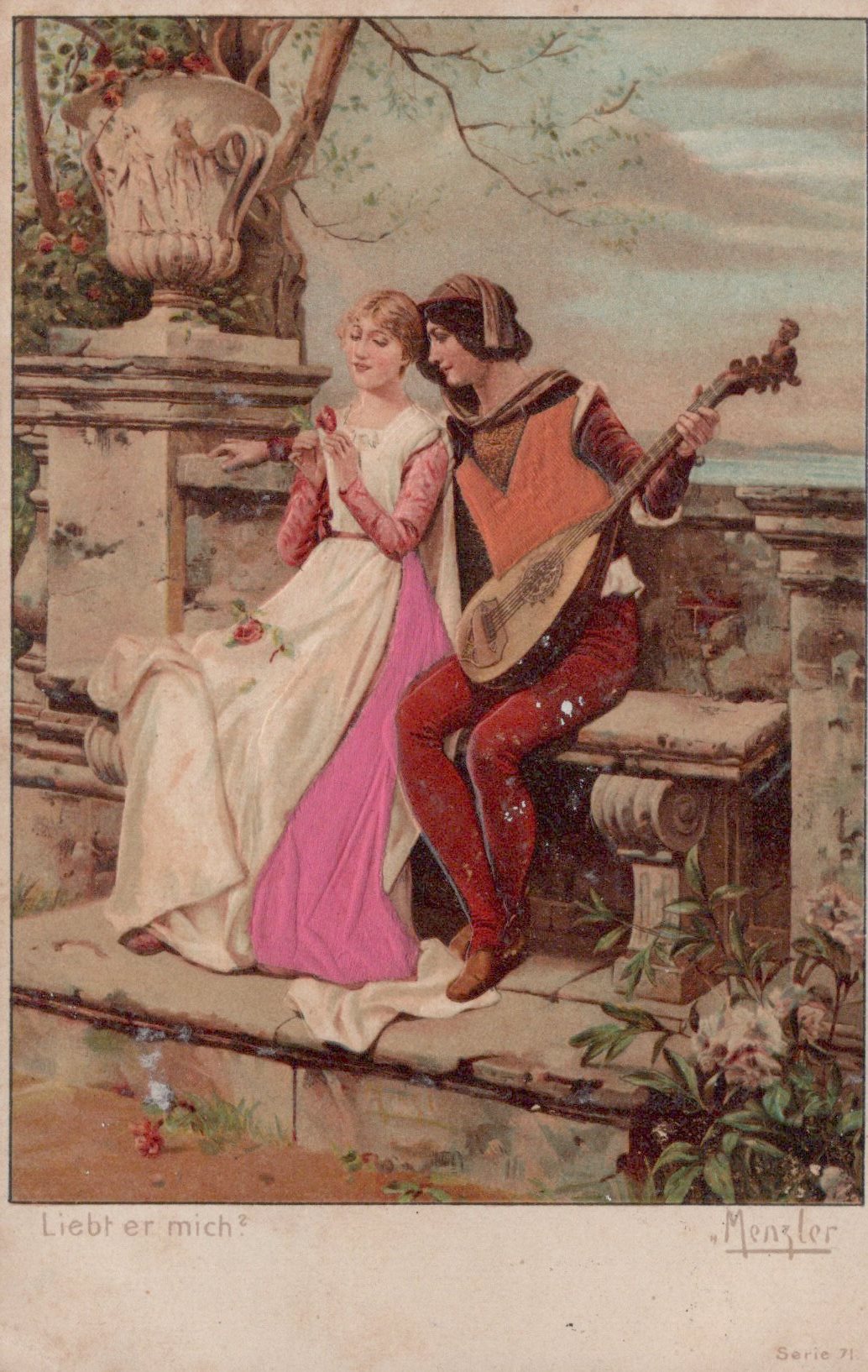 Vintage illustration of a couple sitting together with a lute, surrounded by flowers and classical architecture.