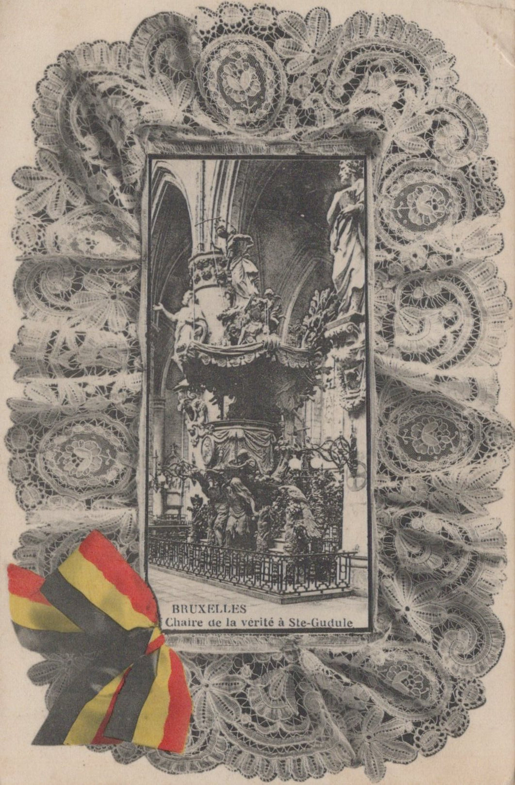Decorative card with intricate lace border and central image of a building, featuring a Belgian flag.
