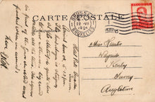 Load image into Gallery viewer, Vintage postcard with text and postage stamp, sent from Bruxelles on July 22, 1914.
