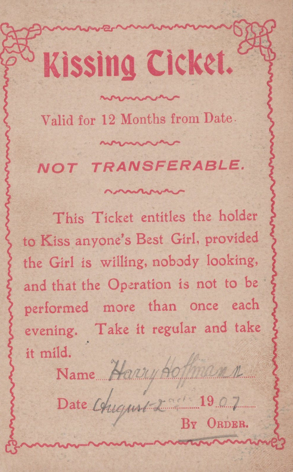 Humour Postcard - 1907 Kissing Ticket Valid For 12 Months VT532