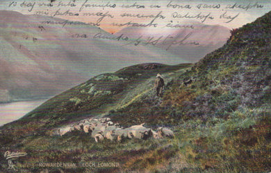 Shepherd with sheep on a hillside landscape, with text overlay
