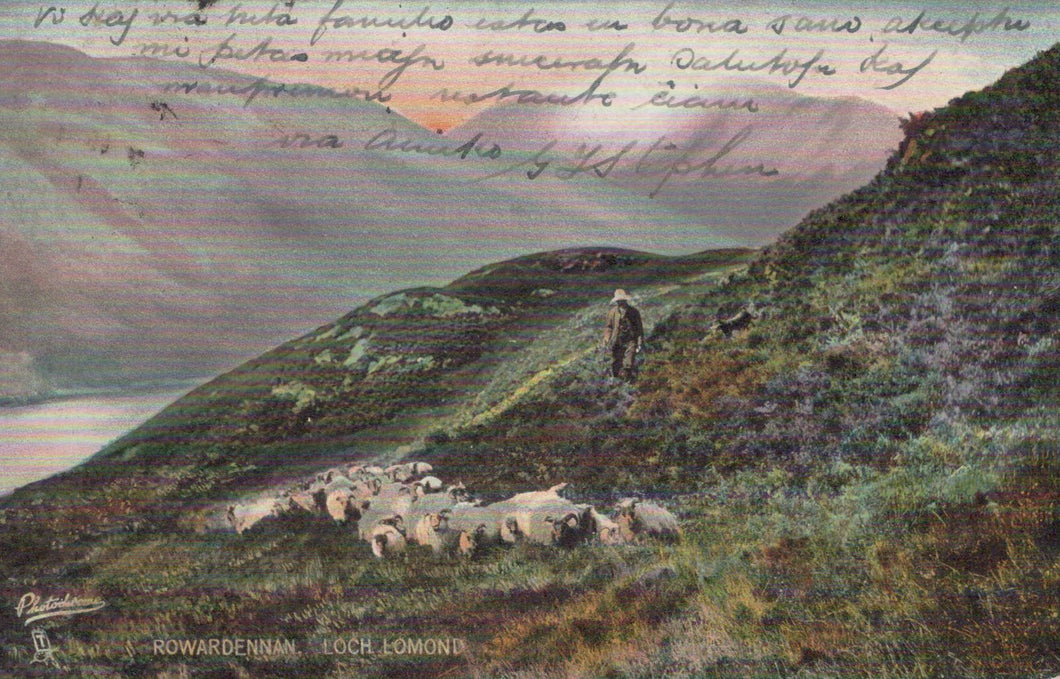 Shepherd with sheep on a hillside landscape, with text overlay
