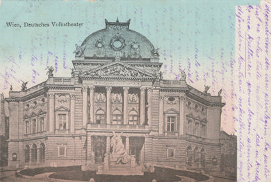 Vintage postcard of the Deutsches Volkstheater in Vienna with decorative elements.