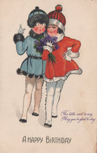 Load image into Gallery viewer, Vintage-style birthday card with two children in winter clothing and a bouquet of flowers.
