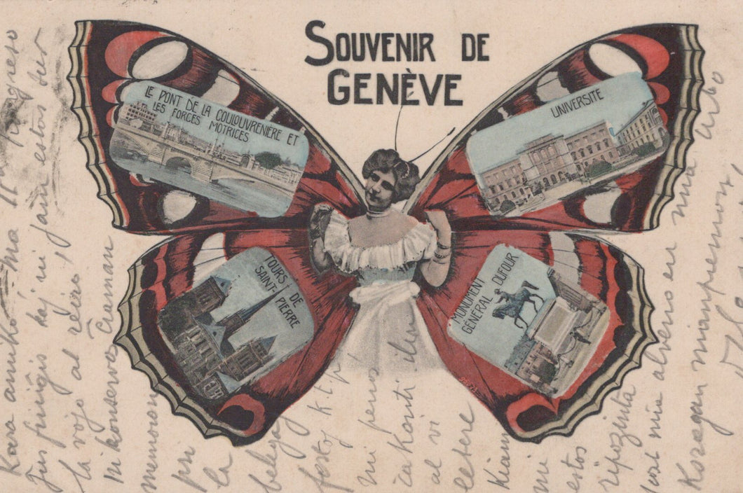 Vintage postcard with a butterfly design featuring scenic images and 'Souvenir de Genève' text.