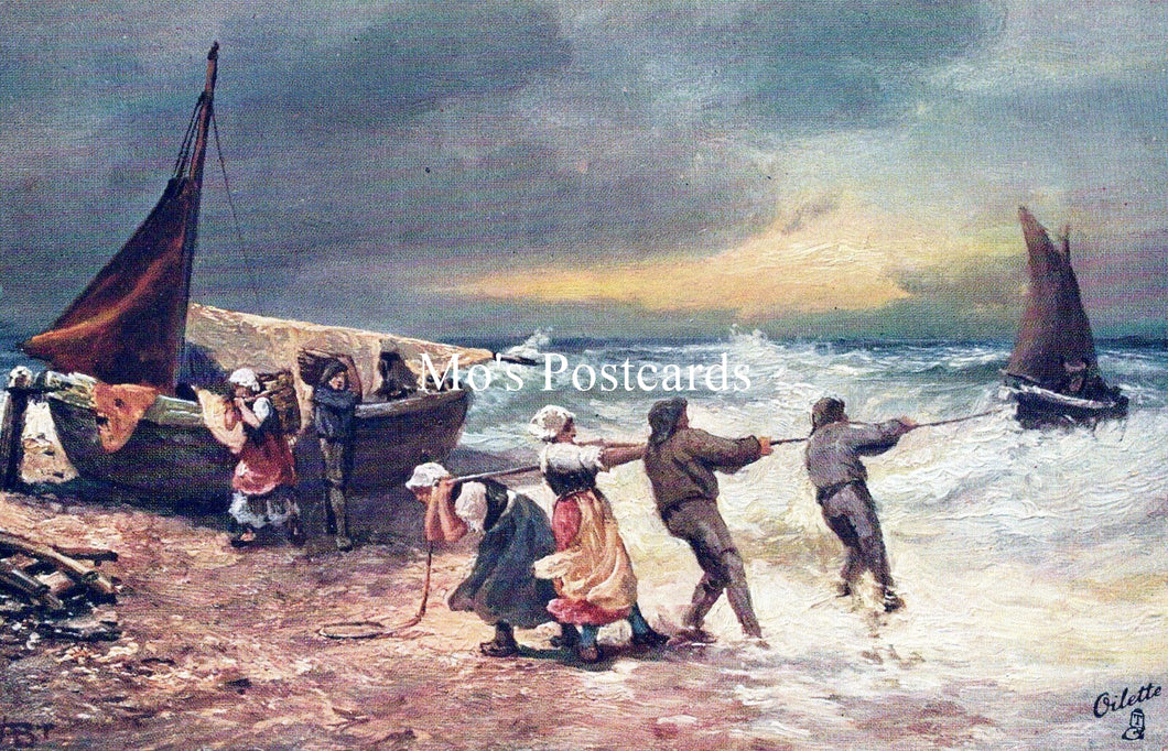 Art Postcard - Fisher Folk, Fishing Boats, Stormy Sea  SW18511