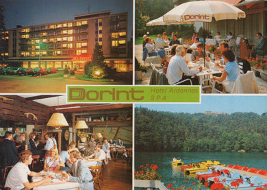 Collage of images from Dorint Hotel Ardenne Spa including exterior, dining area, and lake view.