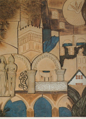Artistic depiction of a architectural scene with figures and structures.