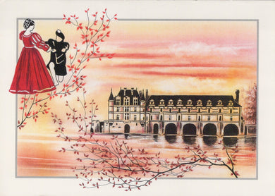 Illustration of a couple by a castle with a pink and orange sky.