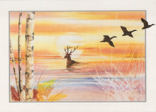 Load image into Gallery viewer, Artistic depiction of a deer and birds with a sunset background
