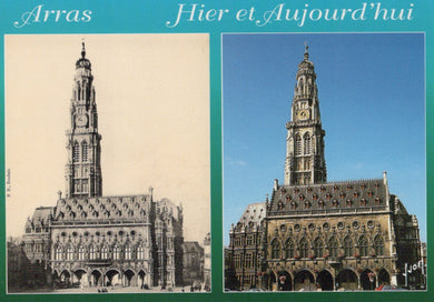 Side-by-side comparison of a clock tower in Arras, with an old black-and-white photo on the left and a modern color photo on the right.