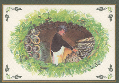 Decorative card with a man working with barrels surrounded by greenery, featuring the brand 'Heller & Marden'.
