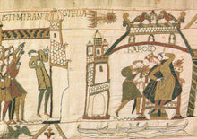 Load image into Gallery viewer, Section of the Bayeux Tapestry depicting a scene with figures and architectural elements.

