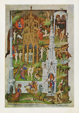Decorative illustration of a cathedral with various scenes and figures, likely from a medieval manuscript.