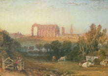 Load image into Gallery viewer, Painting of a landscape with ruins, trees, and people in a field.
