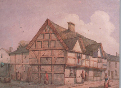 Painting of a street scene with a half-timbered building and people on a street.