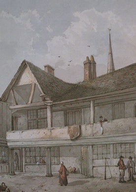 Historical illustration of a building with people and birds in the sky