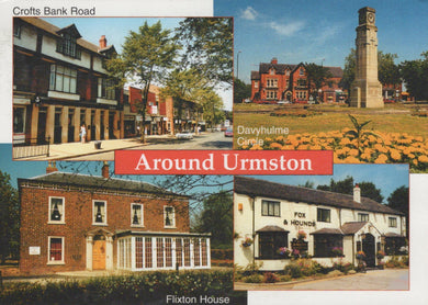 Collage of images from Urmston featuring buildings and a clock tower.