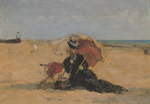 Load image into Gallery viewer, Painting of a woman with an umbrella sitting on a beach with a boat in the background
