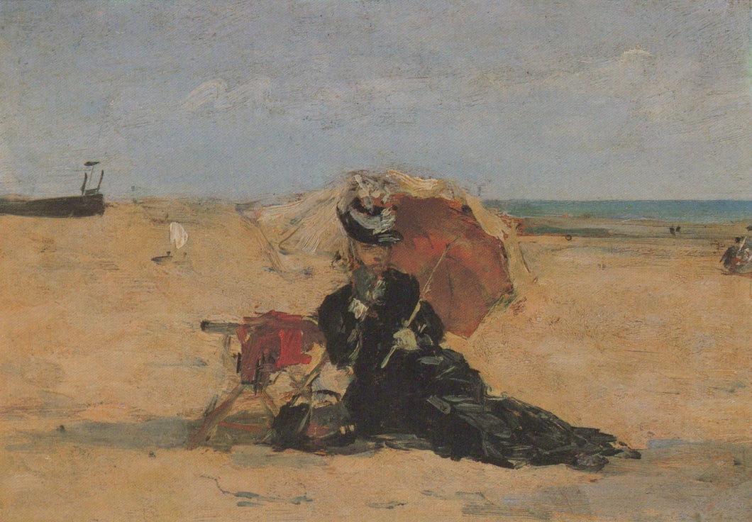 Painting of a woman with an umbrella sitting on a beach with a boat in the background