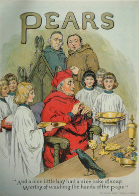 Vintage Pears soap advertisement with religious figures and children around a table.
