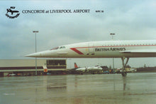 Load image into Gallery viewer, Concorde airplane on the tarmac at Liverpool Airport with British Airways branding.
