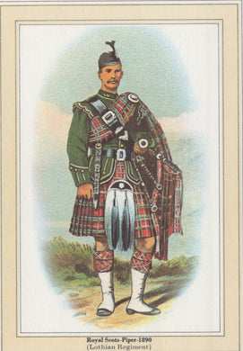 Illustration of a Royal Scots Piper from 1890 in traditional Scottish attire.
