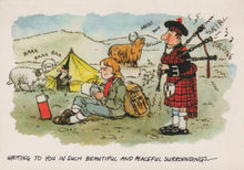 Load image into Gallery viewer, Cartoon of a person camping with a bagpiper and animals nearby, with text indicating sounds and a humorous tone.
