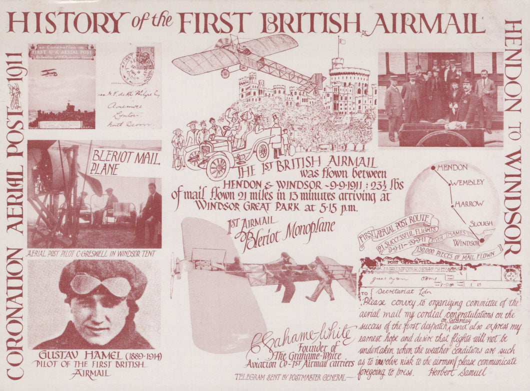 Poster detailing the history of the first British airmail with various images and text.