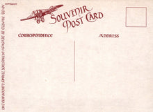 Load image into Gallery viewer, Back of a vintage souvenir postcard with airplane illustration and text.
