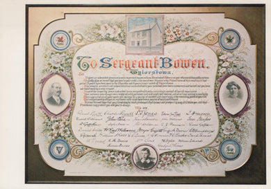 Decorative certificate or document with floral patterns and portraits, addressed to Sergeant Bowen.