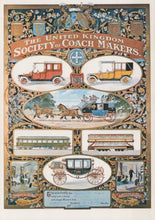Load image into Gallery viewer, Decorative poster for The United Kingdom Society of Coach Makers with vintage vehicles and illustrations.
