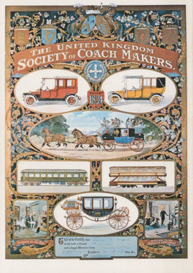 Decorative poster for The United Kingdom Society of Coach Makers with vintage vehicles and illustrations.