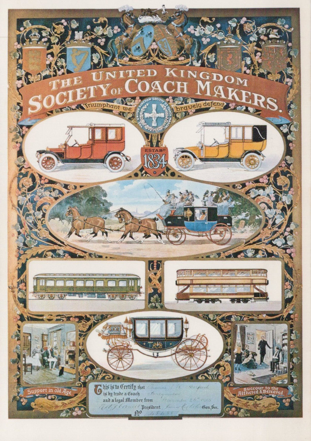 Decorative poster for The United Kingdom Society of Coach Makers with vintage vehicles and illustrations.