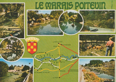Collage of scenic views and a map of Le Marais Poitevin with a coat of arms.