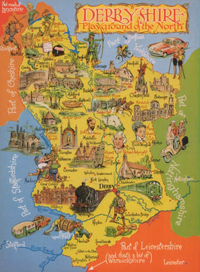 Cartoon map of Derbyshire with various locations and landmarks