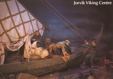 Viking ship with crew members on a dark sky background, Jorvik Viking Centre branding.