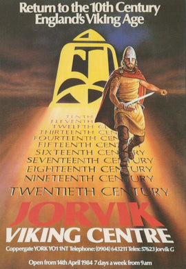 Advertisement for Jorvik Viking Centre featuring a Viking warrior and time period text.