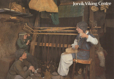 Illustration of people in a Viking-era setting with looms and tools, featuring 'Jorvik Viking Centre' text.