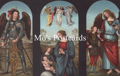 Vintage-style angel postcards with religious figures and 'Mo's Postcards' branding.