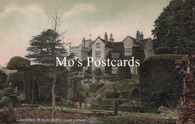 Vintage-style image of Levens Hall and Gardens with 'Mo's Postcards' text overlay.