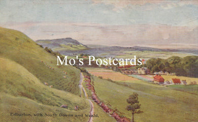 Vintage-style landscape with rolling hills and a road, featuring the text 'Mo's Postcards'.