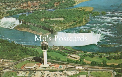 Aerial view of Niagara Falls with a prominent tower, labeled 'Mo's Postcards'.