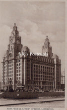 Load image into Gallery viewer, Vintage black and white photo of the Royal Liver Building in Liverpool with &#39;Mo&#39;s Postcards&#39; text overlay.
