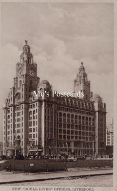 Vintage black and white photo of the Royal Liver Building in Liverpool with 'Mo's Postcards' text overlay.