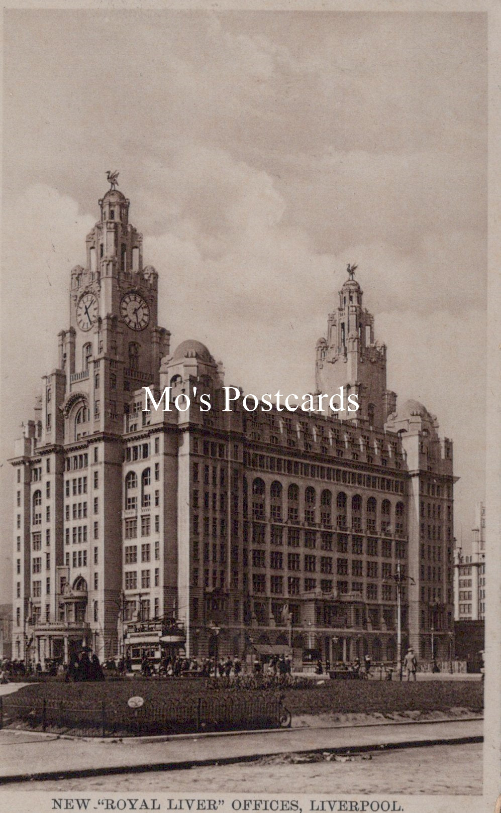 Vintage black and white photo of the Royal Liver Building in Liverpool with 'Mo's Postcards' text overlay.
