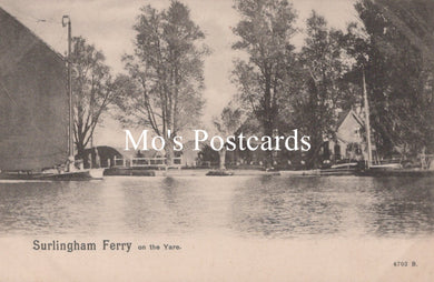 Vintage-style image of a ferry on a river with trees and buildings in the background, featuring 'Mo's Postcards' text.