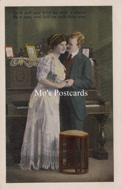 Vintage-style postcard with a couple in front of a piano, featuring text and 'Mo's Postcards' branding.