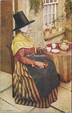 Wales Postcard - Welsh Lady In Traditional Costume Having Tea  SX96